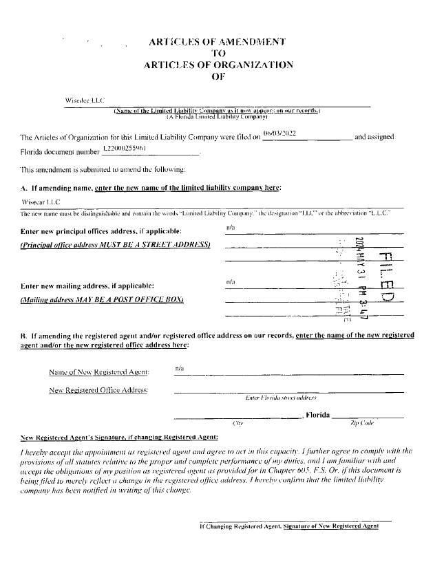 WiseCar LLC – Articles of Amendment
