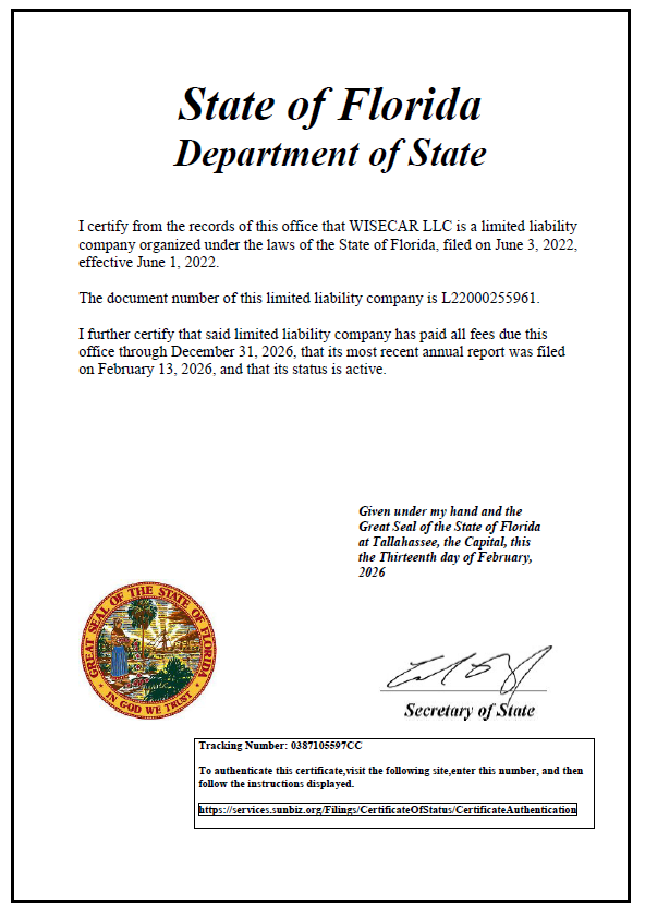 WiseCar LLC – Florida Active Status